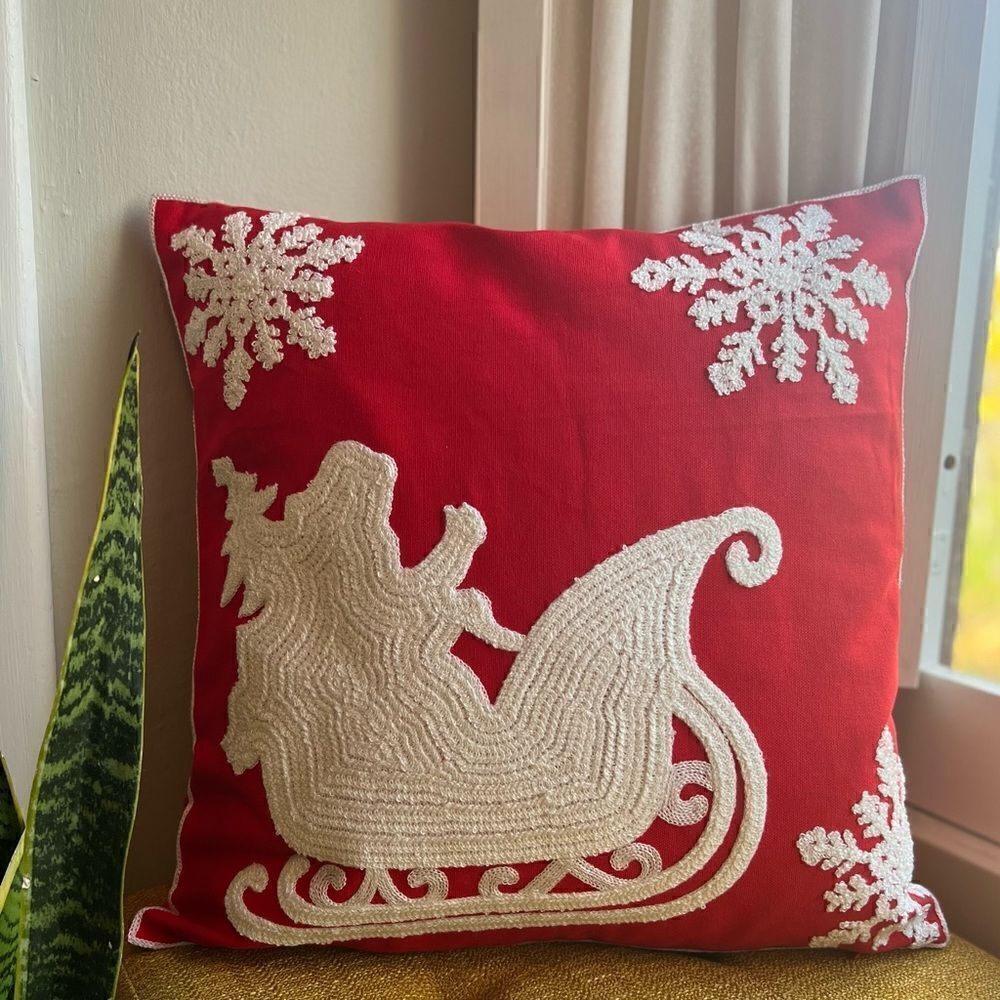 Embroidered Santa and Sleigh Throw Pillow Cover